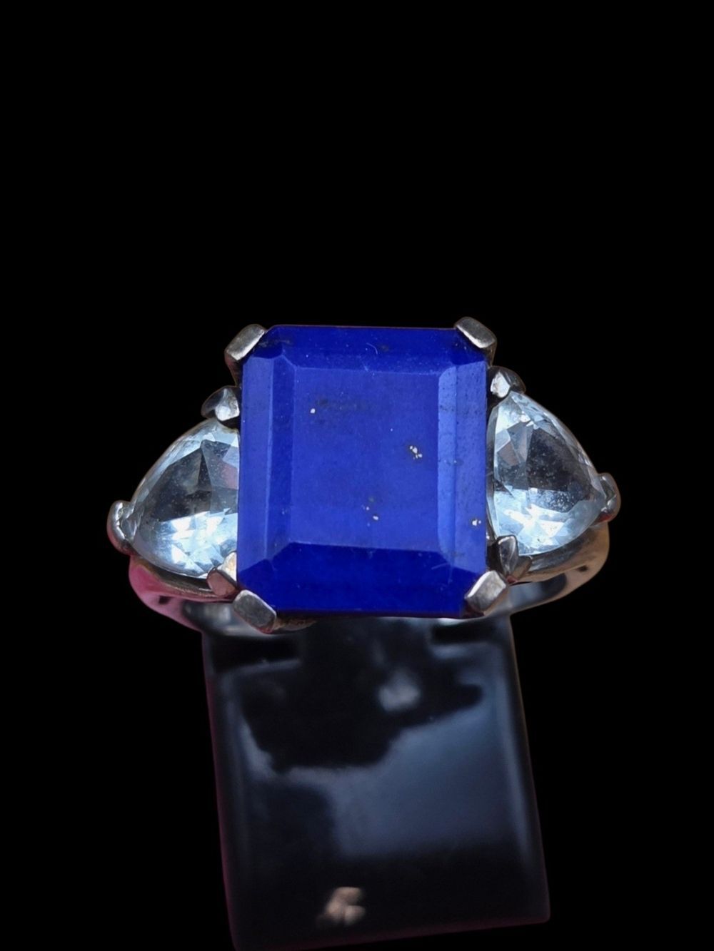 925 Sterling Silver Square Blue Lapis Ring Aquamarine Side Accents Size 7 3-Ston